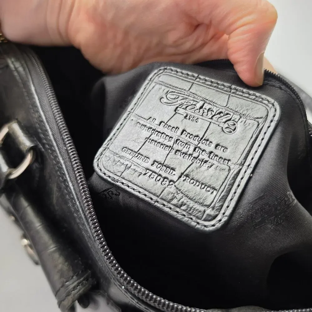 Fossil Shoulder Bag Womens Small Black Croc Embossed Leather Zip Purse Handbag